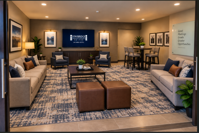 Lobby lounge of a Staybridge Suites Plano featuring two sofas, armchairs, a coffee table, and a small dining area with a glass wall featuring the text Great Meetings Create Greater Opportunities.