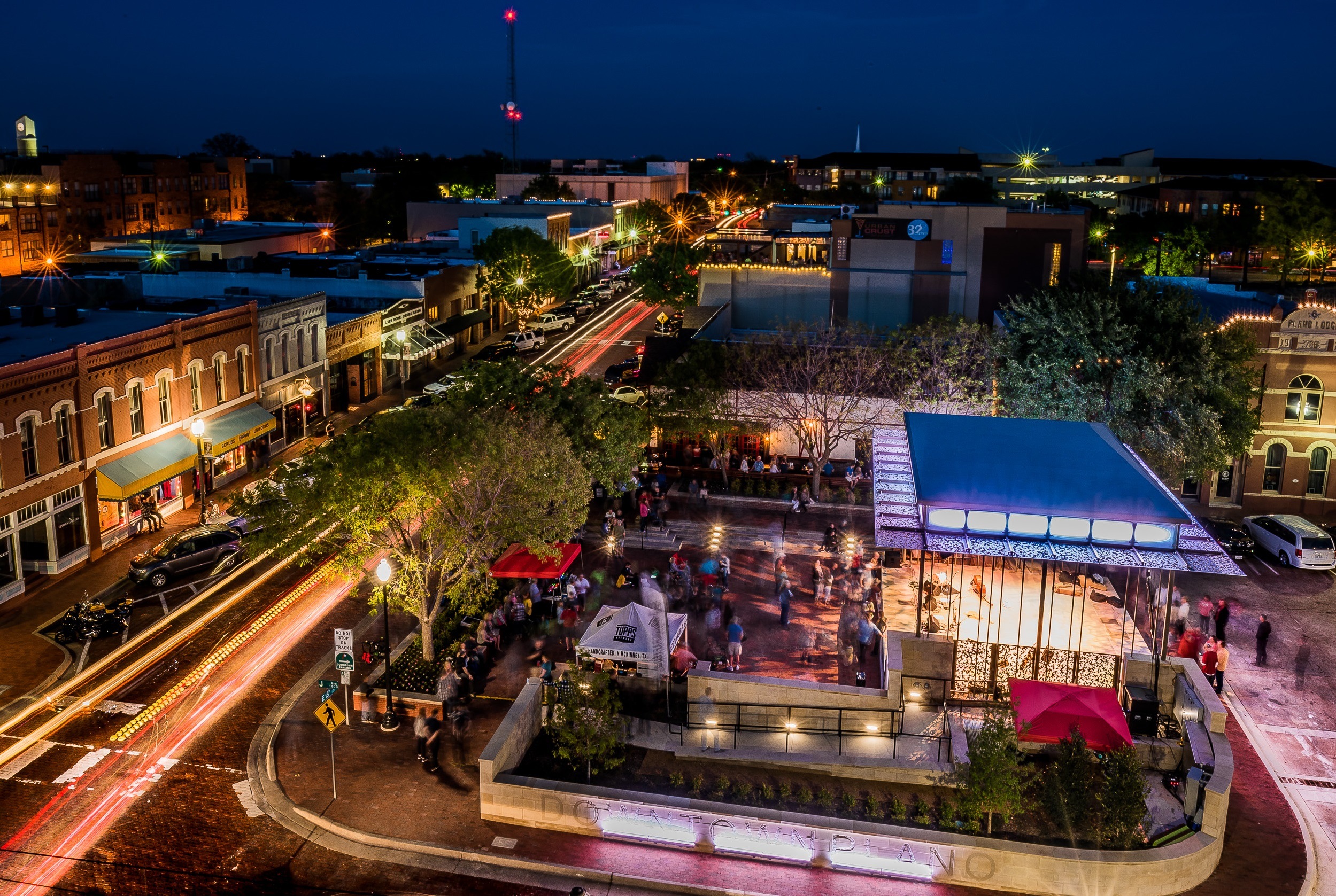 Downtown Plano Aerial Shot at Night