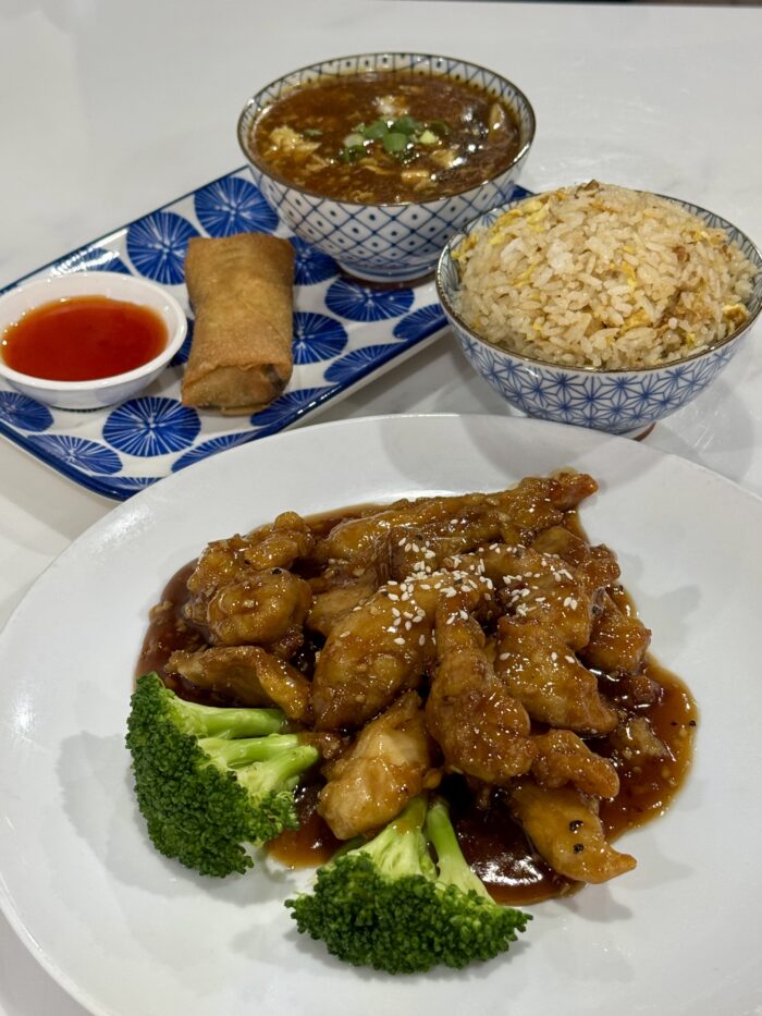 Dumpling House plate of food, bowl of rice, soup, and an eggroll