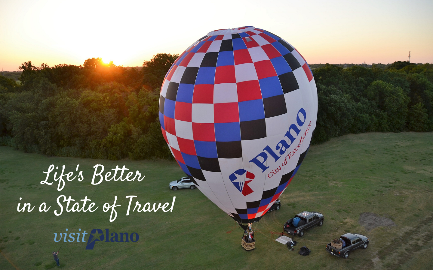 Life's Better in a State of Travel with the Plano hot air balloon and a sunrise