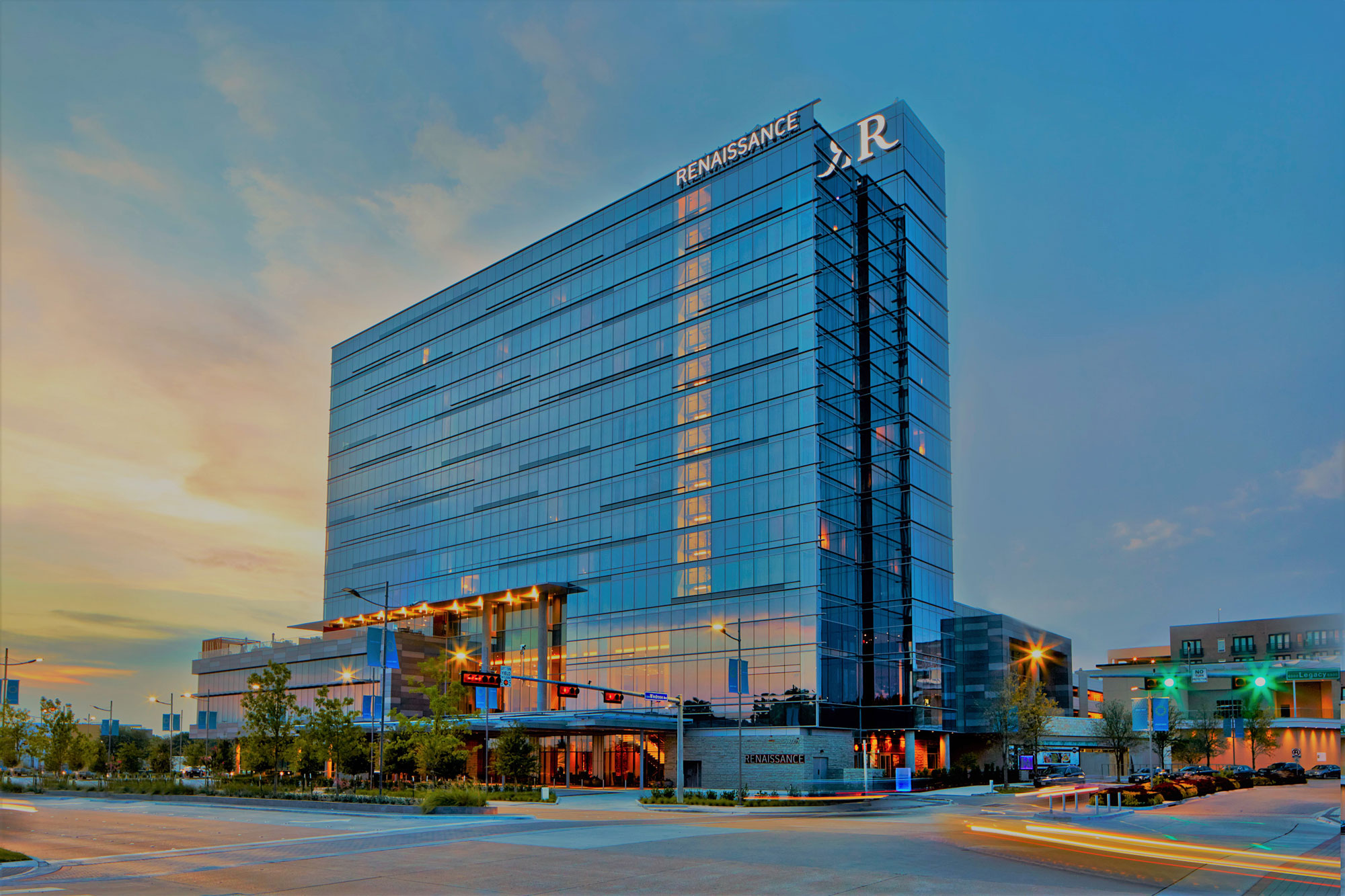 Renaissance hotel exterior building view at sunset.