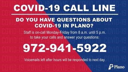 COVID-19 Call Line Logo. Call 792-941-5922 for questions about COVID-19 in Plano.