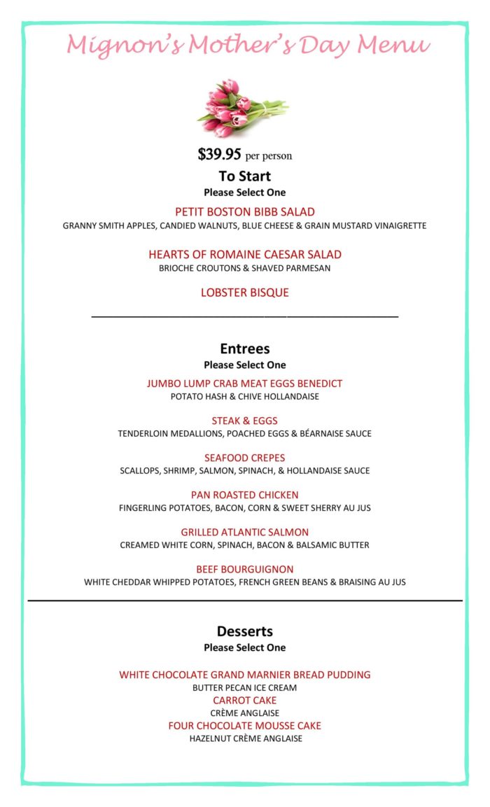 Mignon Mother's Day menu