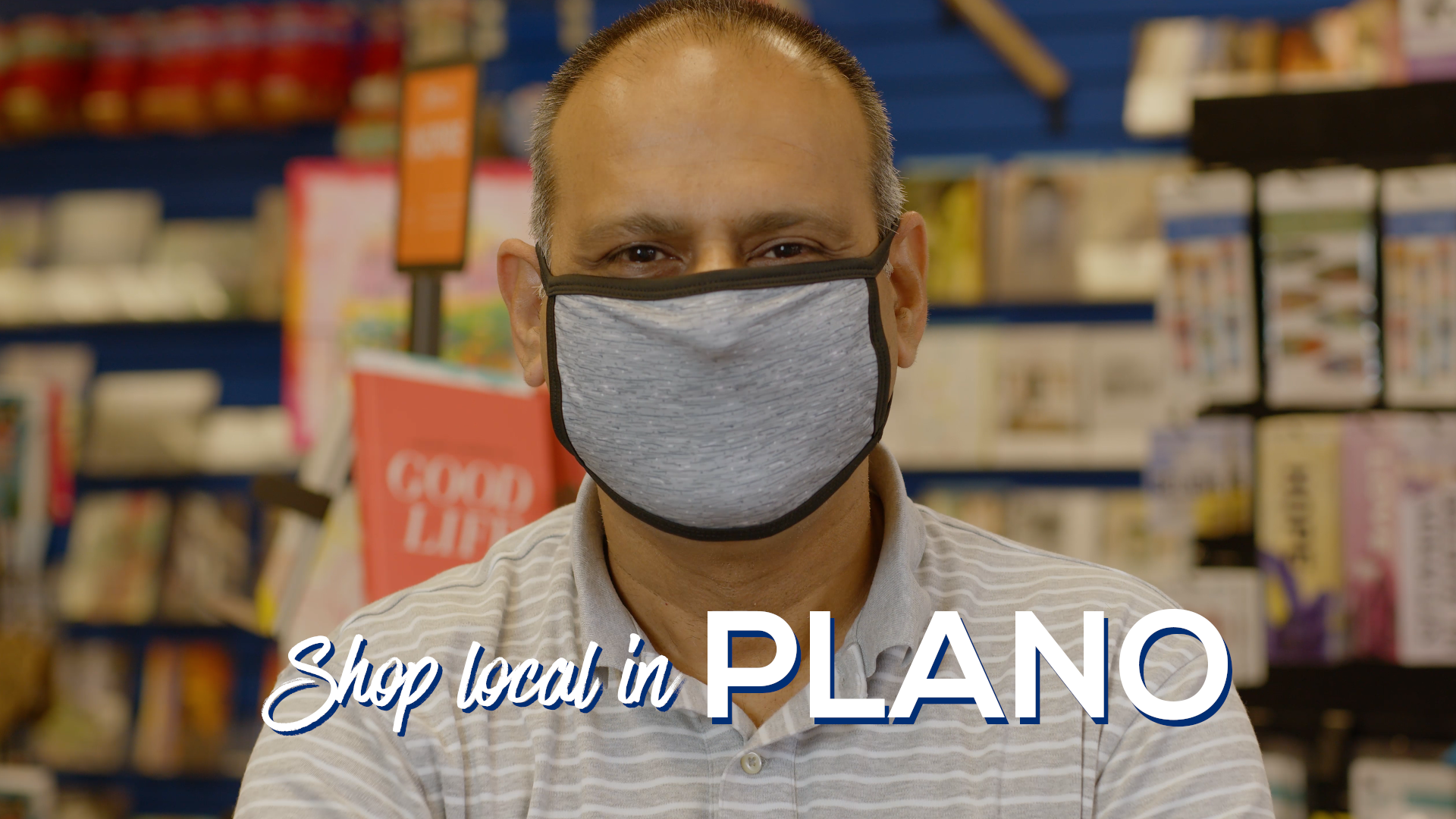 Shop in Plano. Store owner in mask.