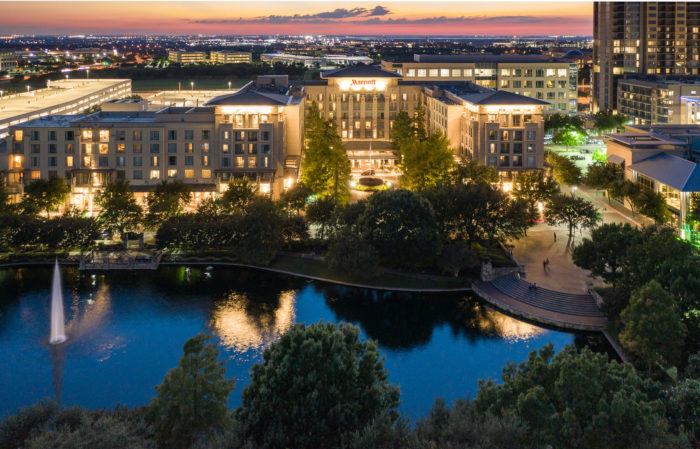 Dallas Plano Marriott at Town Center exterior aerial at dusk