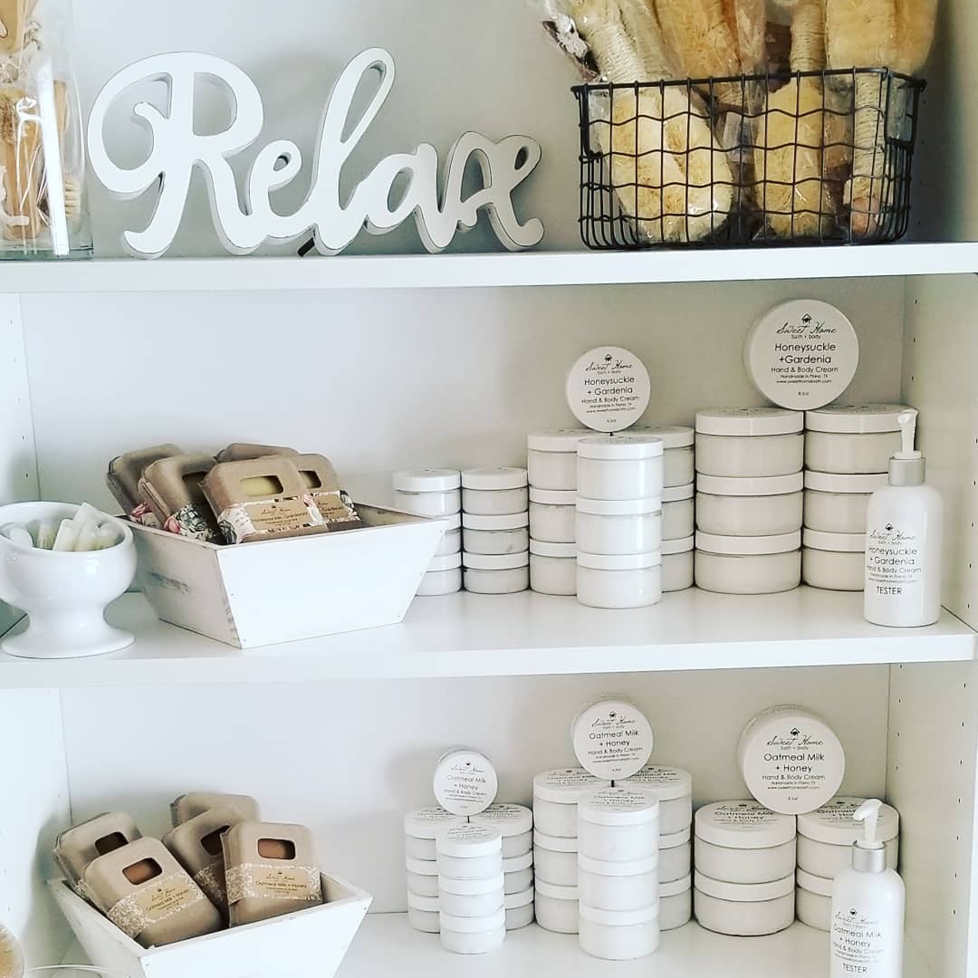 Sweet Home Bath & Body products from Downtown Plano store with a RELAX sign