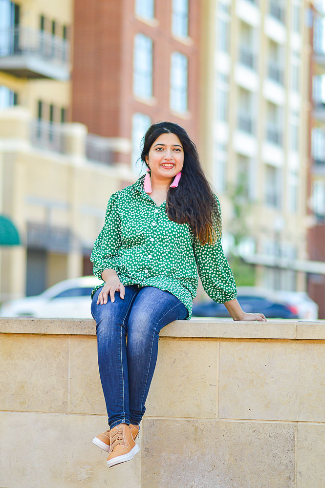 Dallas Paki Blogger, Layla Komal, in downtown Plano Arts District posing in McCall Plaza