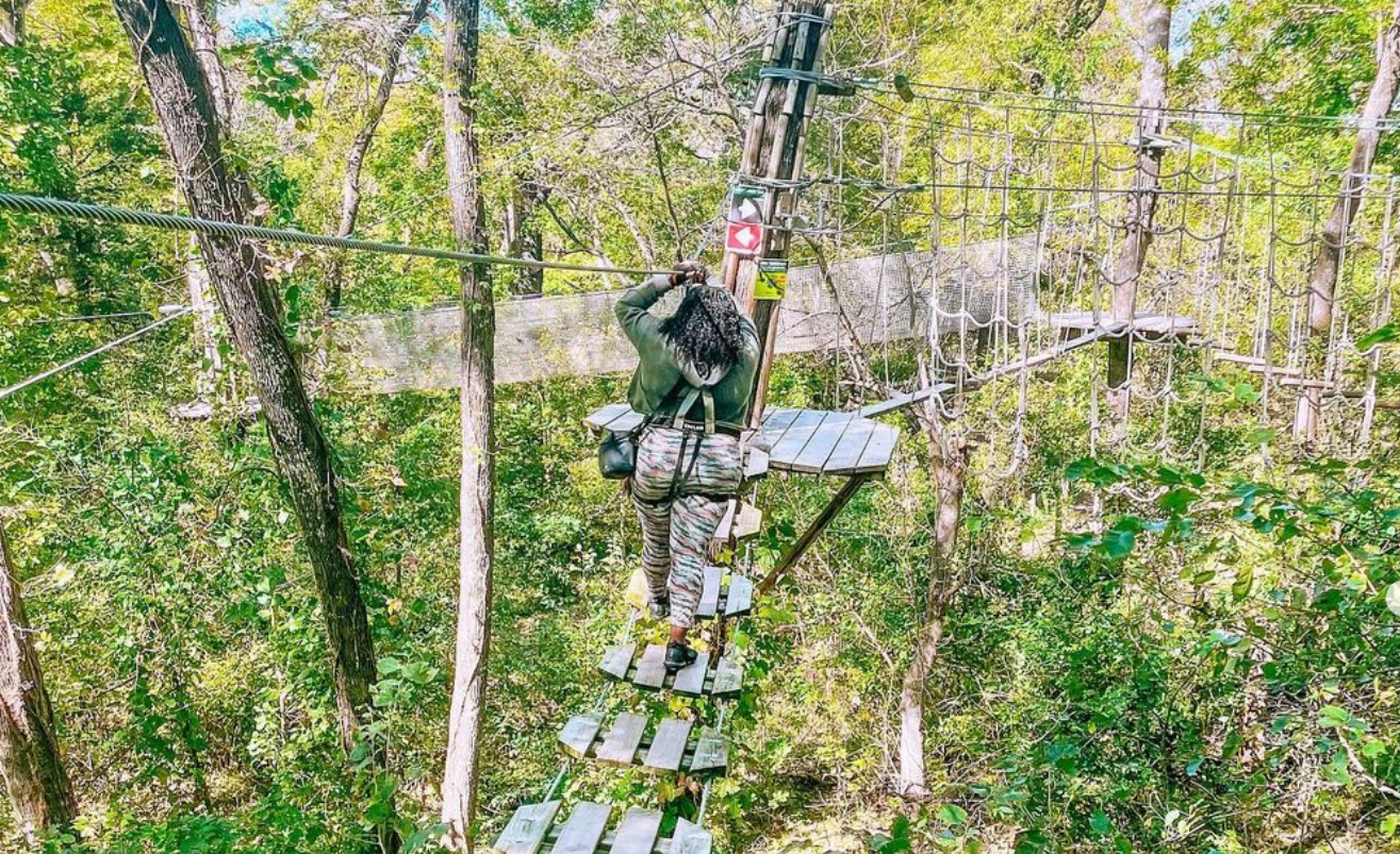 Laurin Curtis, with The Life of Jo Jo, having fun in the trees at Go Ape in Plano