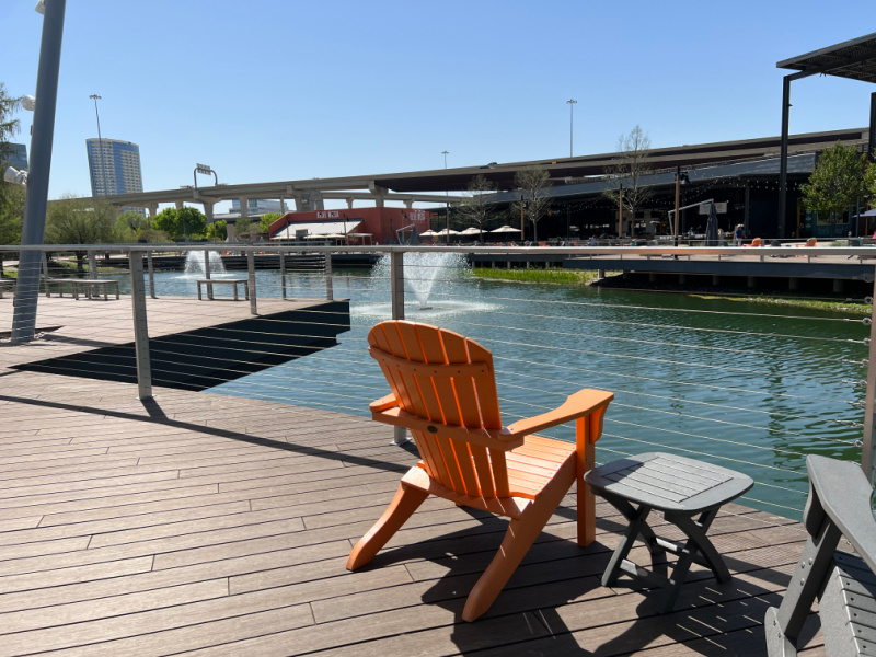 The Boardwalk at Granite Park chairs and water feature