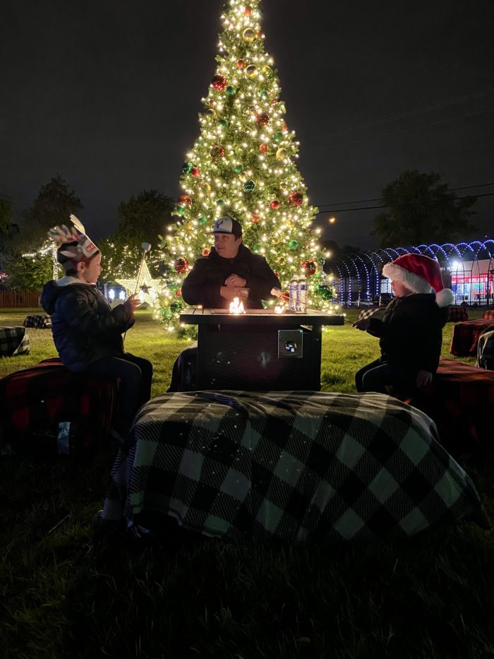 Family making smores by the Christmas tree