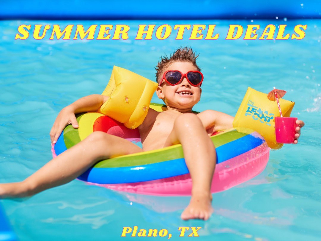 Summer Hotel Deals wording over a boy in the floatie in a pool with yellow arm floaties and a pink cup with an umbrella.