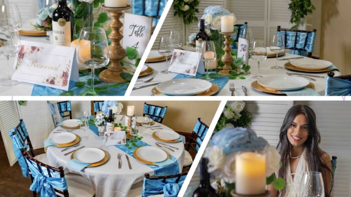 Elegant blue dinner table setup