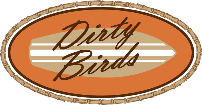 An oval logo with an orange and tan background, featuring the words Dirty Birds Sports Bar & Grill in stylized brown script over a surfboard design, surrounded by a border that resembles bamboo.