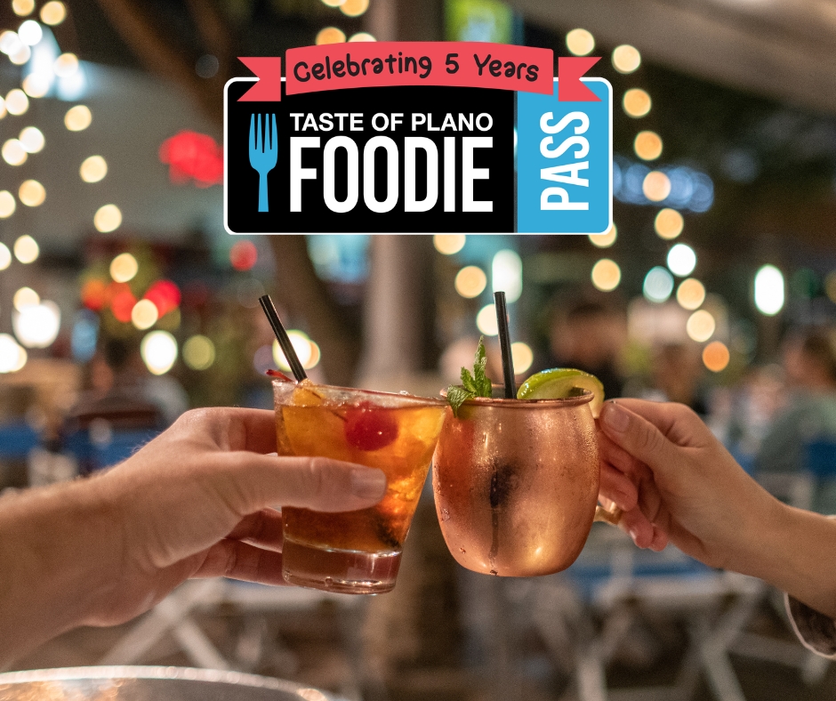 Taste of Plano 2025 - photo of two people cheersing with cocktails on a restaurant patio with twinkling lights and the Taste of Plano 2025 logo on top