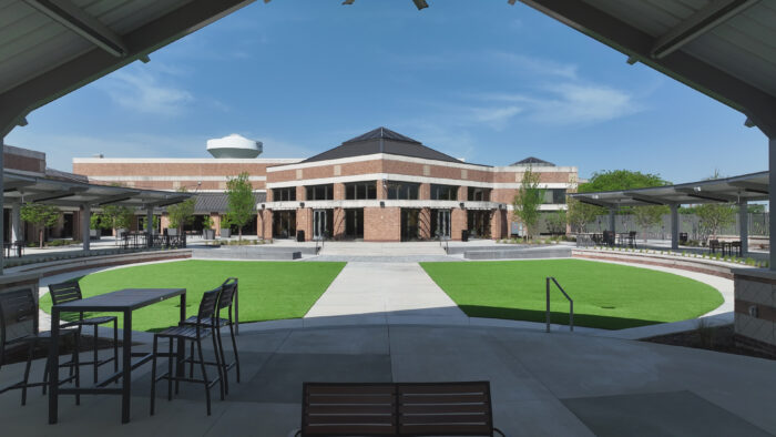 Front view from fireplace area of Plano Event Center's renovated courtyard