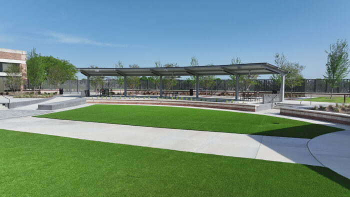 Side view of Plano Event Center's renovated courtyard