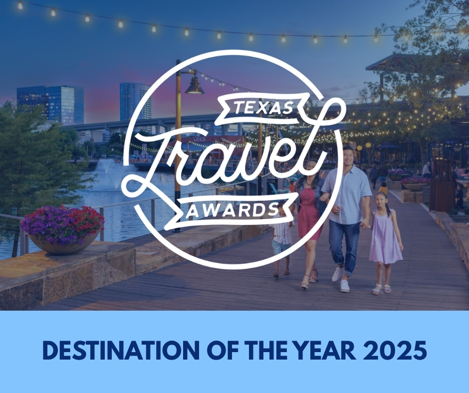 Photo of a family at The Boardwalk at Granite Park in Plano with the Texas Travel Awards logo and the words Destination of the Year 2025