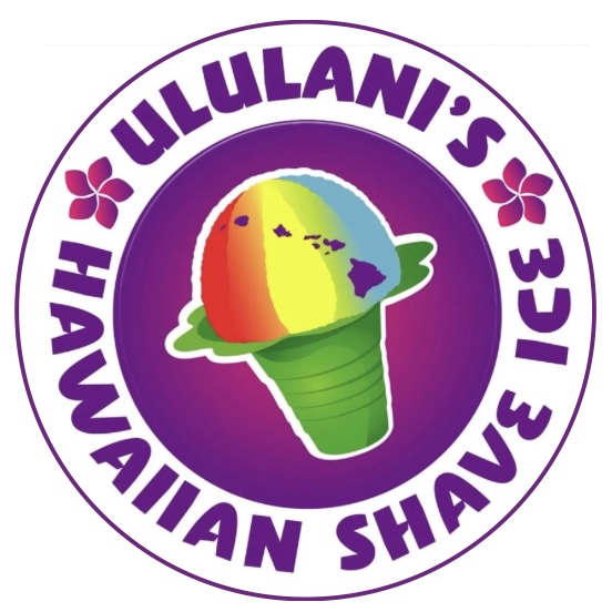 Logo for Ululani's Hawaiian Shave Ice featuring a rainbow-colored shave ice in a green cone, with purple text and hibiscus flowers on a circular white and purple background.