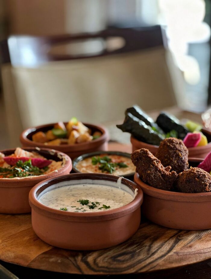 A wooden board holds clay bowls filled with assorted Mediterranean dishes, including creamy dips, falafel, pickles, grape leaves, and a touch of harissa, all garnished with fresh herbs on a table.