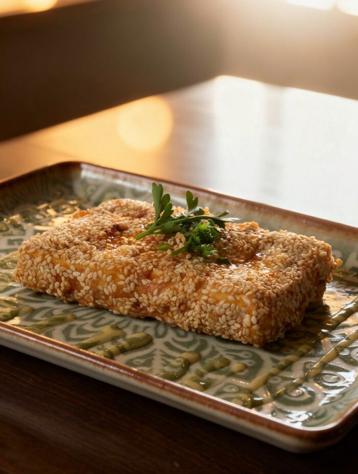 A rectangular piece of harissa-infused, sesame-crusted food, garnished with fresh herbs, sits on a decorative green plate, with warm sunlight illuminating this Mediterranean-inspired scene from the background.