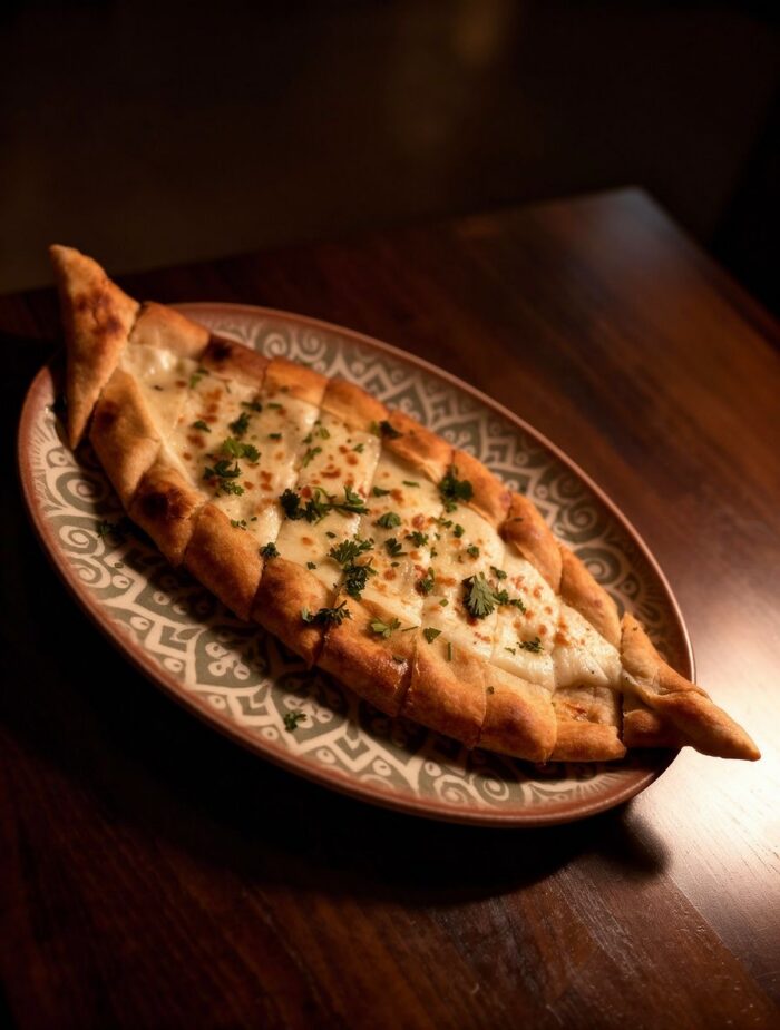 A boat-shaped Turkish pide topped with melted cheese, chopped herbs, and a touch of harissa, sliced and served on a decorative ceramic plate on a wooden table for a bold Mediterranean twist.
