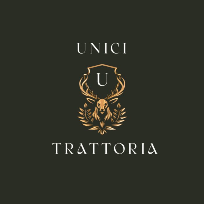 Logo for Unici Trattoria featuring a golden deer head with antlers, laurel leaves, and a shield on a dark background. The text is arranged above and below the deer in an elegant font.
