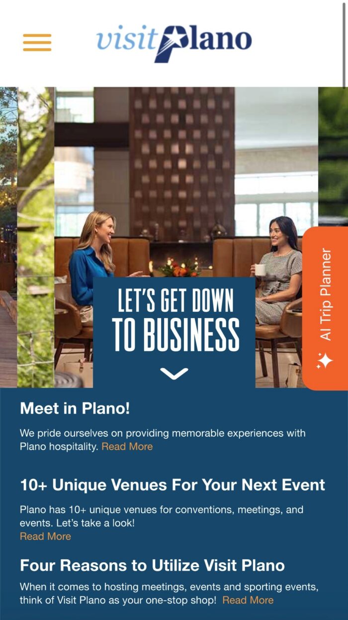 Two women sit and talk over coffee in a modern lounge area. Text overlay reads Lets Get Down to Business. Below are event planning tips and information about venues in Plano, Texas.