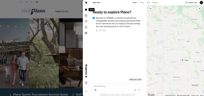 A split screen shows the Visit Plano website on the left with a couple walking under string lights, and a chat about exploring Plano alongside a map of Plano, Texas on the right.