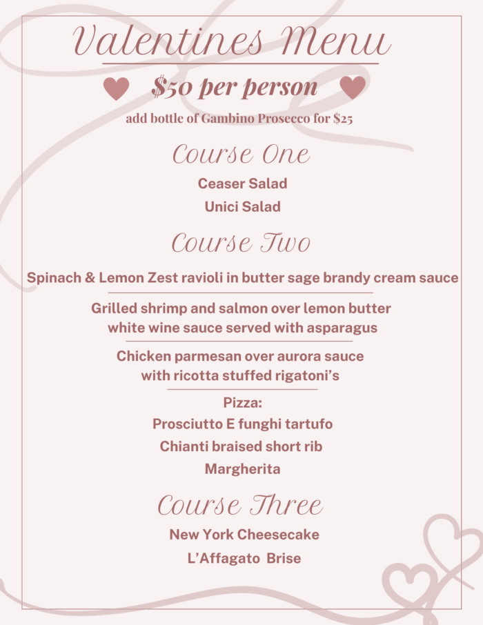 Celebrate Valentine's in Plano with an elegant three-course menu featuring salads, ravioli, salmon, chicken parmesan, pizzas, and desserts like New York cheesecake. Priced at $50 per person with optional prosecco for $25. Pink heart accents adorn the menu.