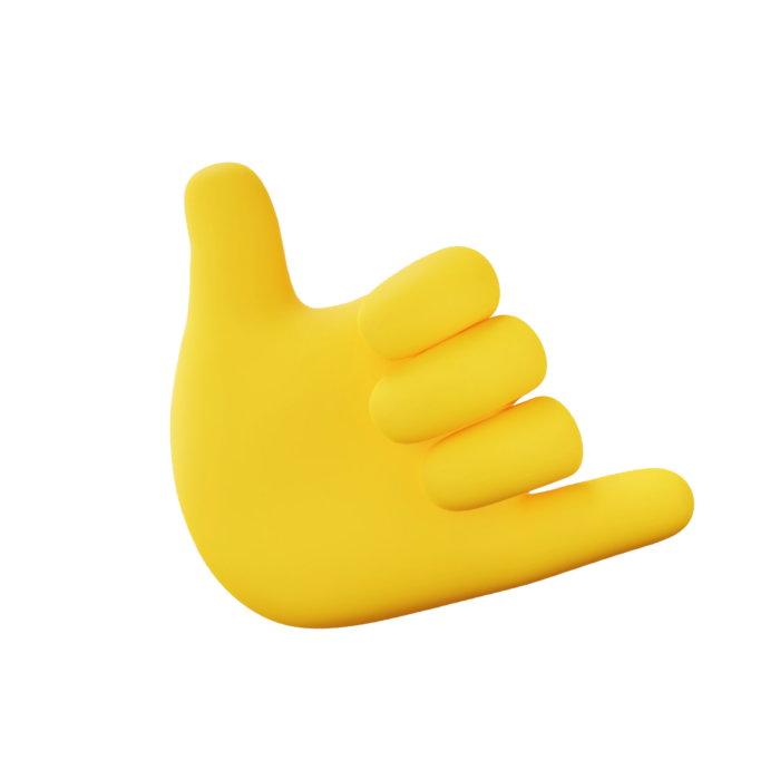 A yellow 3D hand making a shaka or hang loose gesture with the thumb and pinky extended, set against a white background.