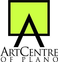 Logo for the ArtCentre of Plano featuring a large black letter A overlapping a bright green square, with ArtCentre of Plano written below in black capital letters.
