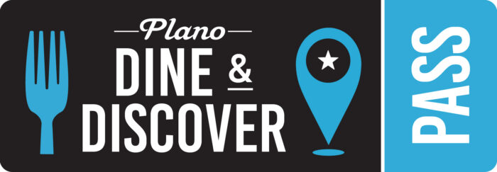Logo with a blue fork, the words Plano Dine & Discover, a blue location pin with a star, and a blue vertical bar on the right featuring the word PASS in white text.