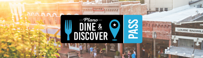 A sunlit street scene in Plano, Texas, with people walking on a brick road by historic buildings. A Plano Dine & Discover Pass graphic overlay features a fork, map pin, and blue pass icon.
