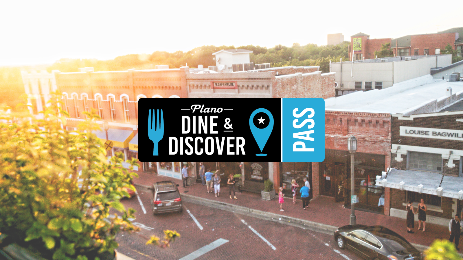 A sunlit street scene in Plano, Texas, with people walking on a brick road by historic buildings. A Plano Dine & Discover Pass graphic overlay features a fork, map pin, and blue pass icon.
