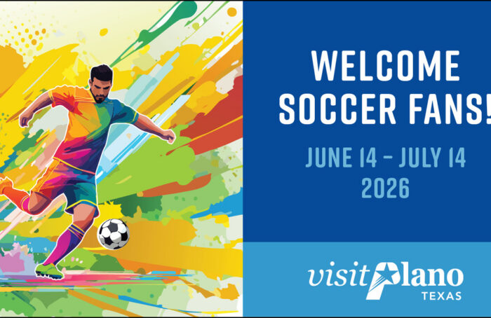 Colorful illustration of a male soccer player kicking a soccer ball, with text welcoming soccer fans to Plano, Texas, for an event from June 14 to July 14, 2026; Visit Plano logo at the bottom.