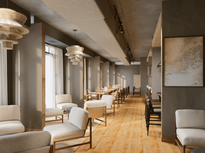 Modern, minimalist restaurant interior with light wooden floors, neutral-colored chairs and tables, large windows with sheer curtains, and contemporary pendant lights hanging from the ceiling.