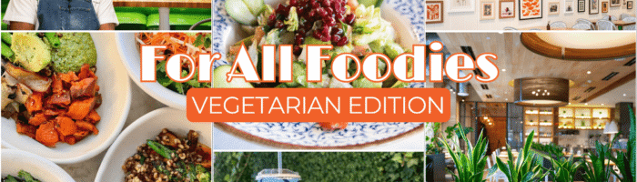 A collage of vegetarian dishes, a smiling chef, a sandwich, restaurant interiors, and a wall of framed art. Text reads: For All Foodies: Vegetarian Edition. LETS GO! Plano, TX.