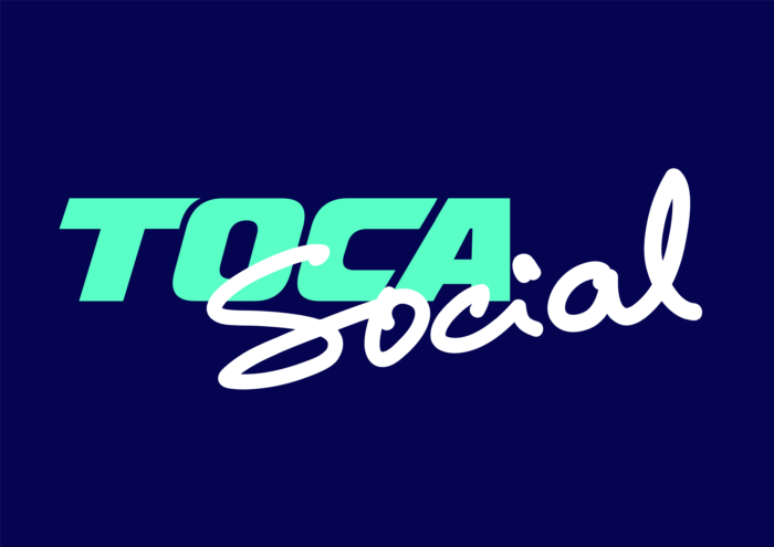 TOCA Social logo with TOCA in bold turquoise uppercase letters and Social in white cursive script, set against a dark blue background.