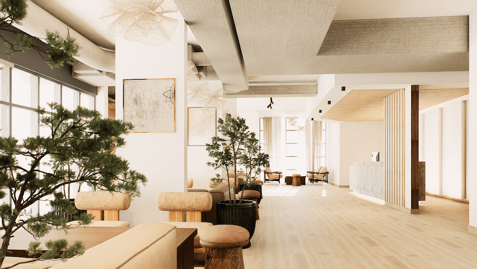 A spacious, modern lounge with light wood floors, neutral furniture, large windows, indoor plants, and abstract wall art, creating a bright and inviting atmosphere.