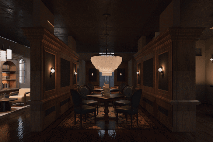 Elegant dining area with a large, ornate chandelier above a round table surrounded by dark chairs. The room features wood paneling, muted lighting, and cozy adjacent lounge spaces with sofas and bookshelves.
