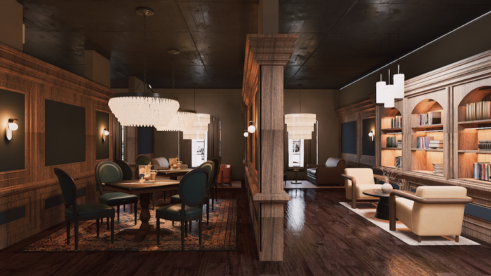 A luxurious room divided by a wood partition, with a dining area featuring a chandelier on the left and a cozy lounge with bookshelves, armchairs, and warm lighting on the right. The decor is elegant and classic.