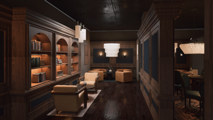 A cozy, dimly lit lounge with wooden bookshelves, armchairs, and round tables. Warm lighting from modern pendant lamps creates an inviting atmosphere; dark wood floors and walls add to the sophisticated, intimate vibe.