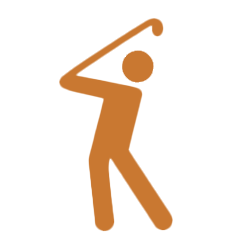 A simple brown stick figure icon of a person swinging a golf club, shown in mid-swing with one arm raised and one leg slightly bent, perfect for representing Plano Sports activities.