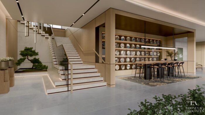 A modern, open interior with a wide staircase, glass railings, and wood accents. Theres a dining table with black chairs, a feature wall with decorative plates, potted plants, and large windows providing natural light.