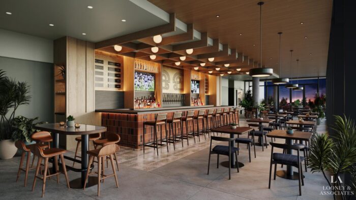 Modern restaurant and bar with wood accents, a long bar counter with high seating, tables and chairs, large windows, indoor plants, and warm ambient lighting creating a stylish and inviting atmosphere.