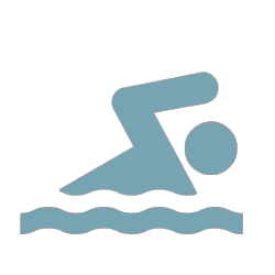 A simple blue icon of a person swimming, shown with an arm extended forward above wavy water lines, represents Plano Sports aquatic activities.