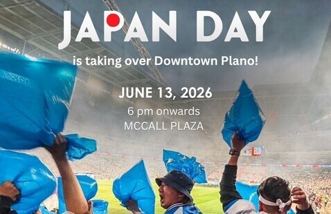 A crowd waves blue flags in a stadium to celebrate Japan Day and the spirit of soccer, with event details overlaid: June 13, 2026, 6 pm onwards at McCall Plaza, Downtown Plano.