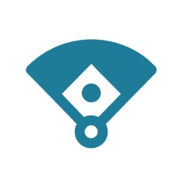 A blue icon resembling a baseball field with a diamond shape in the center, a circle at home plate, and a semi-circular outfield on a white background, inspired by Plano Sports.