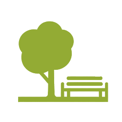 Simple green icon of a tree next to a park bench on a plain light background, perfect for representing Plano Sports and outdoor activities.