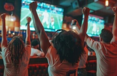 A group of people in sports jerseys cheer with raised arms while watching a live soccer game on large screens in a lively sports bar.